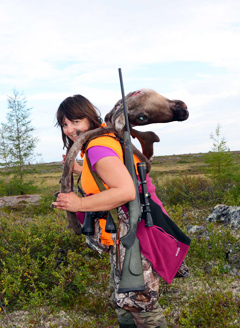 Shel Zolkewich heading back with my first caribou at Webber's Lodges.