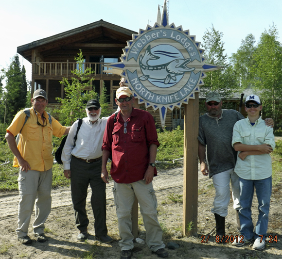 Dick Gadomski and boys at North Knife Lake Lodge. L to R – Mark Gilbreath, Dick Gadomski, Chris Gilbreath, Rusty Gilbreath and Ty Gilbreath.